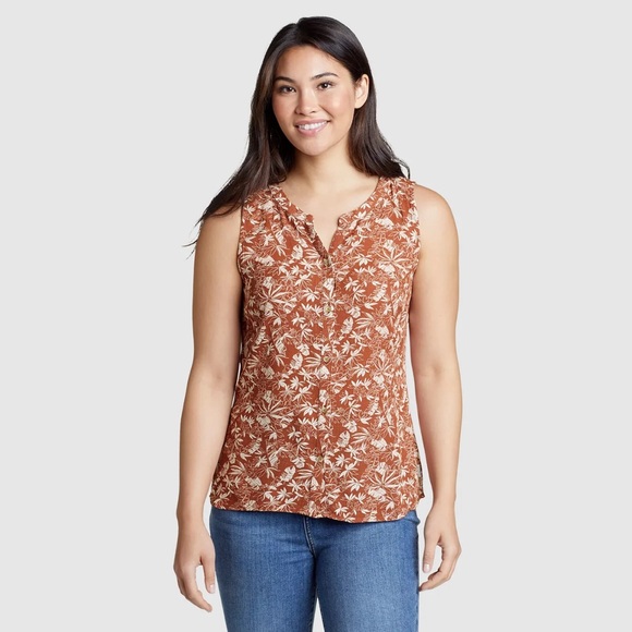 Eddie Bauer Tops - Eddie Bauer Shirt Womens Size S Brown Rivierah Tank Top Palm Print Blouse
